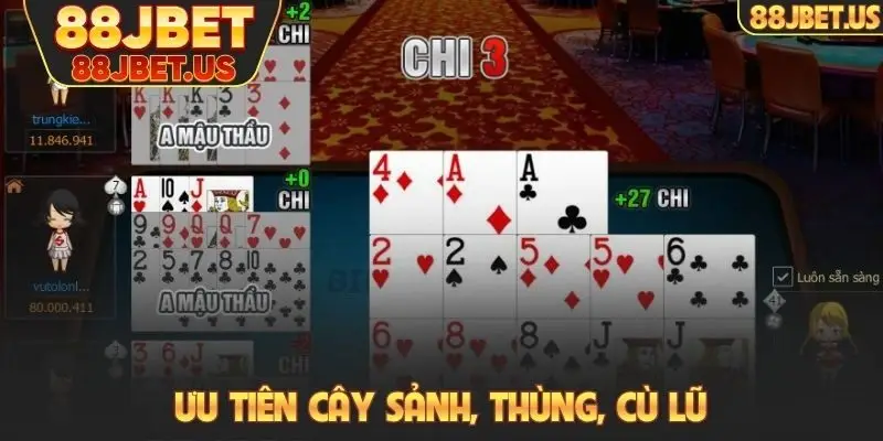 Mậu Binh 88JBET - Trò Chơi Đánh Bài Vốn Thấp, Dễ Thắng 5 Ưu tiên cây sảnh, thùng, cù lũ